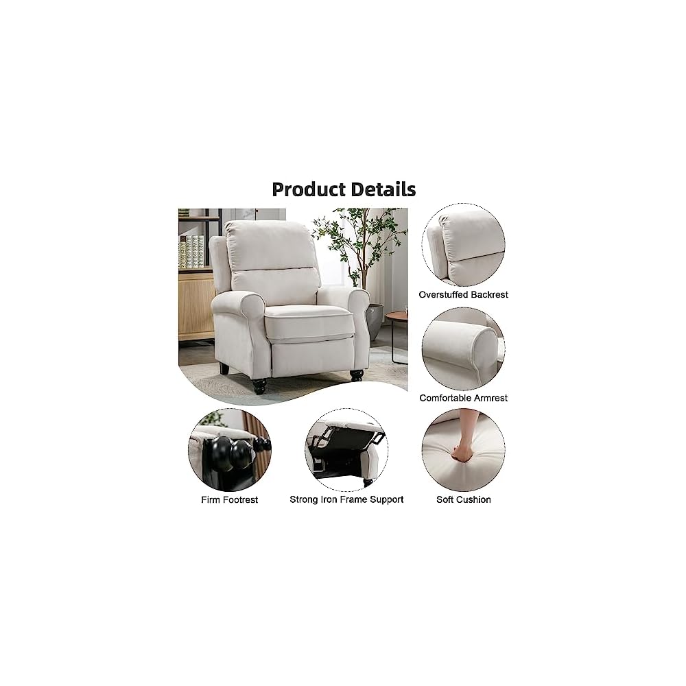 IOMOR Push Back Recliner Chair, Fabric Armchair Overstuffed Pushback Recliner, Heavy Duty Single Sofa Chair with Padded Seat Solid Wood Legs for Living Room (White)