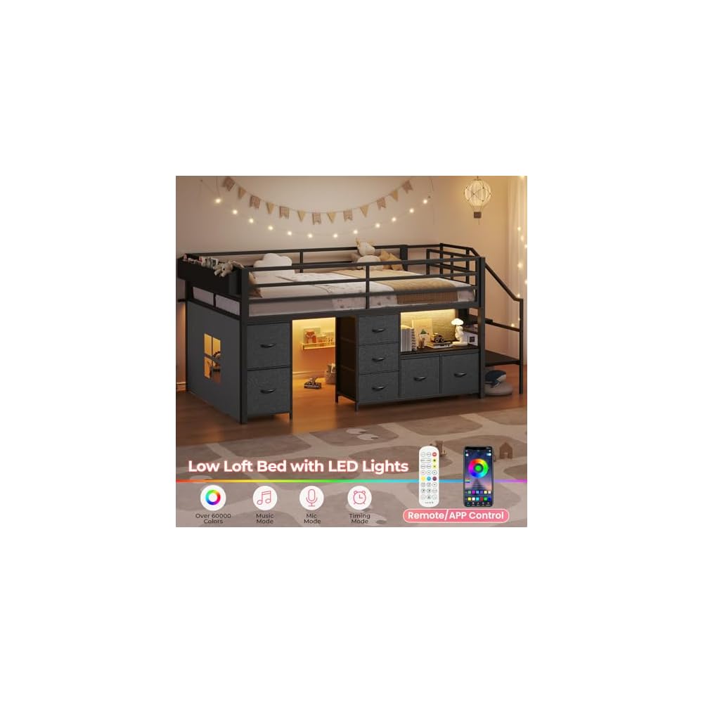 ADORNEVE Kids Low Loft Bed Twin Size with Stairs, 7 Drawers, Bookcase,Black