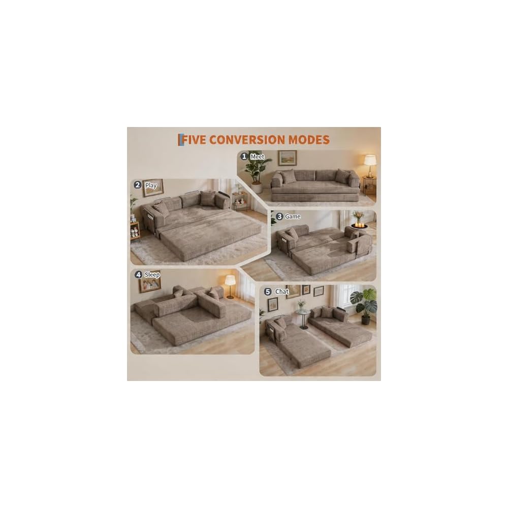 Convertible Floor Sofa Couch, 79" Corduroy Low Profile Seating with 4 Pillows & 2 Cup Holders, Deep Seat Boneless Futon Mattress, No Assembly Needed, Modern Lounge for Living Room Apartment, Brown
