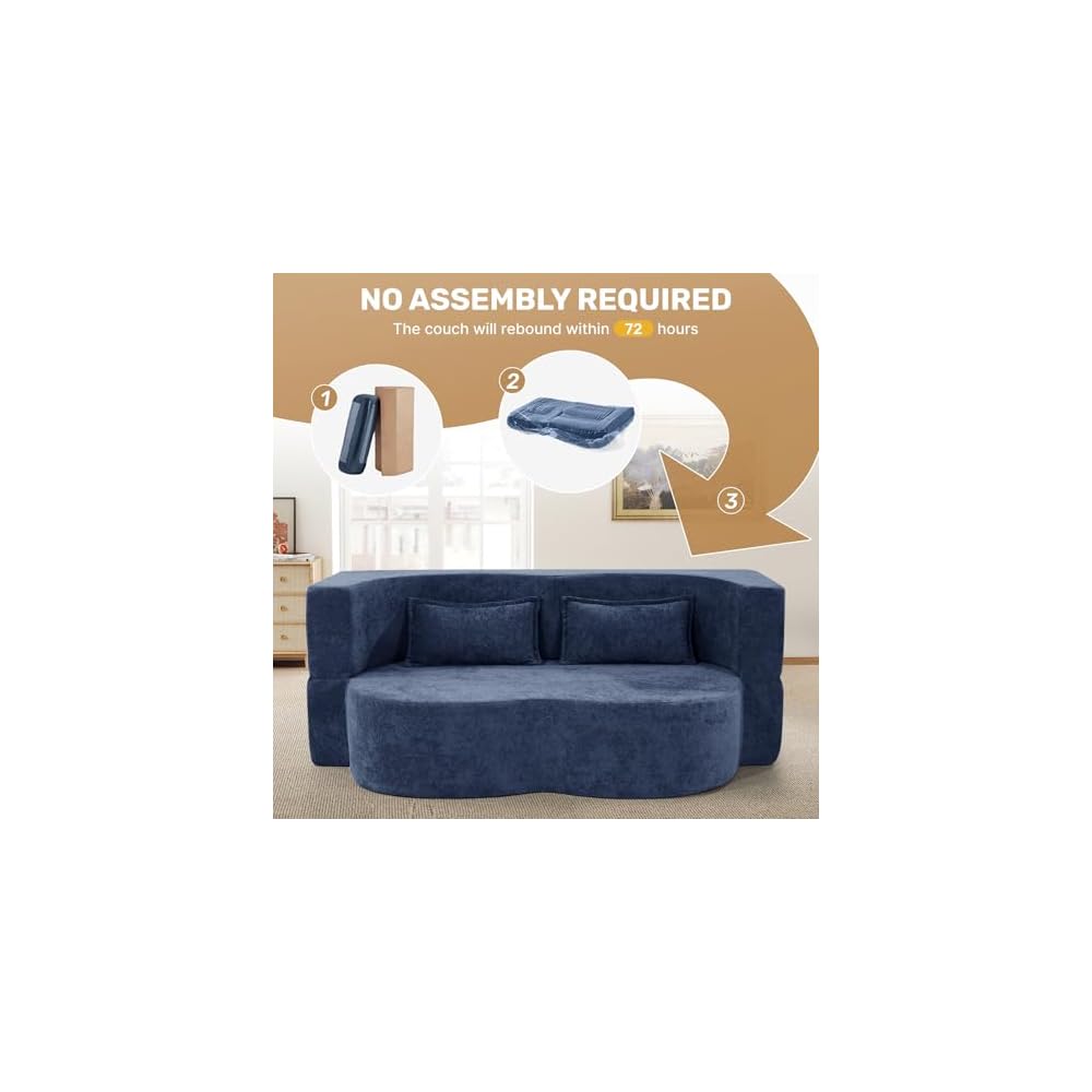Nebuaegis 78" Convertible Folding Sofa Bed, 2 in 1 Velvet Loveseat Floor Sleeper Sofa, Boneless Memory Foam Mattress Couch for Small Spaces,No Assembly Required,Blue,1 PCS