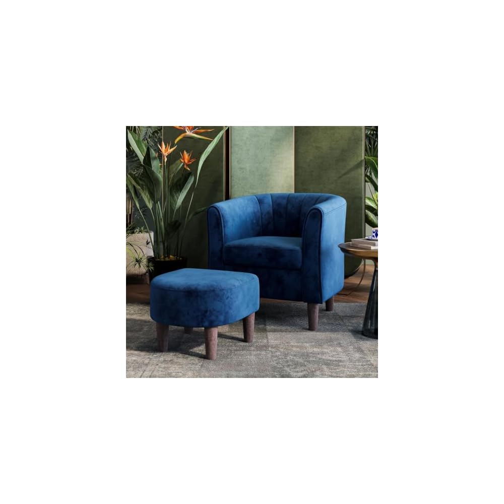 LINSY Accent Chair with Ottoman, Modern Barrel Chair Small Armchair Reading Chair with Footrest, Comfy Round Arms Chair for Living Room Bedroom Reading Room, Velvet, Beige
