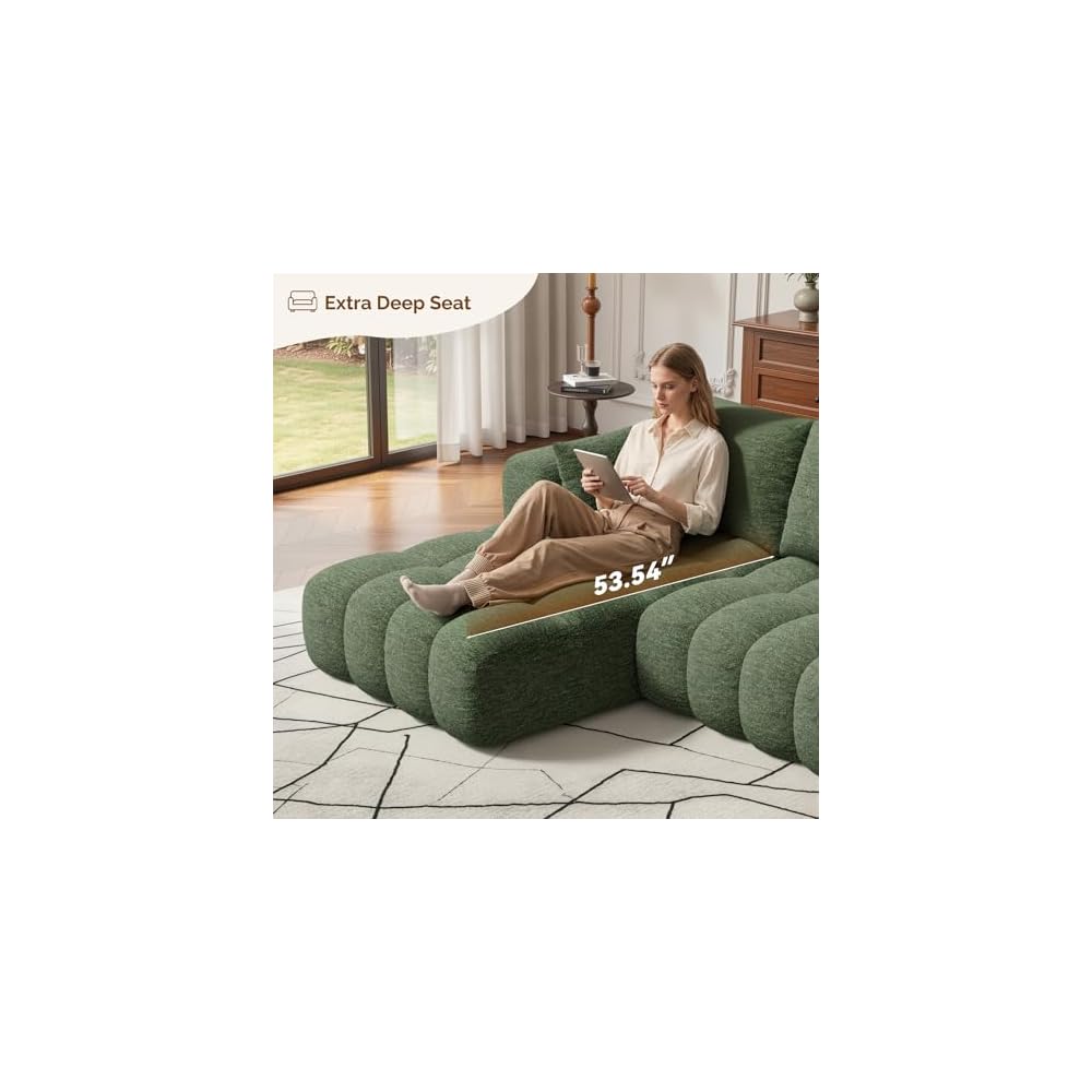 108” Boneless Couch, Cloud Couch with L-Shape Chaise, Modular Sectional Sofa with Oversized Deep Seat,Couch for Living Room Bedroom,No Assembly Required,Green