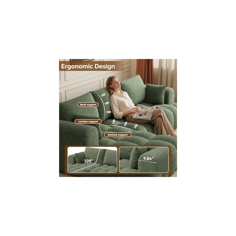 108” Boneless Couch, Cloud Couch with L-Shape Chaise, Modular Sectional Sofa with Oversized Deep Seat,Couch for Living Room Bedroom,No Assembly Required,Green