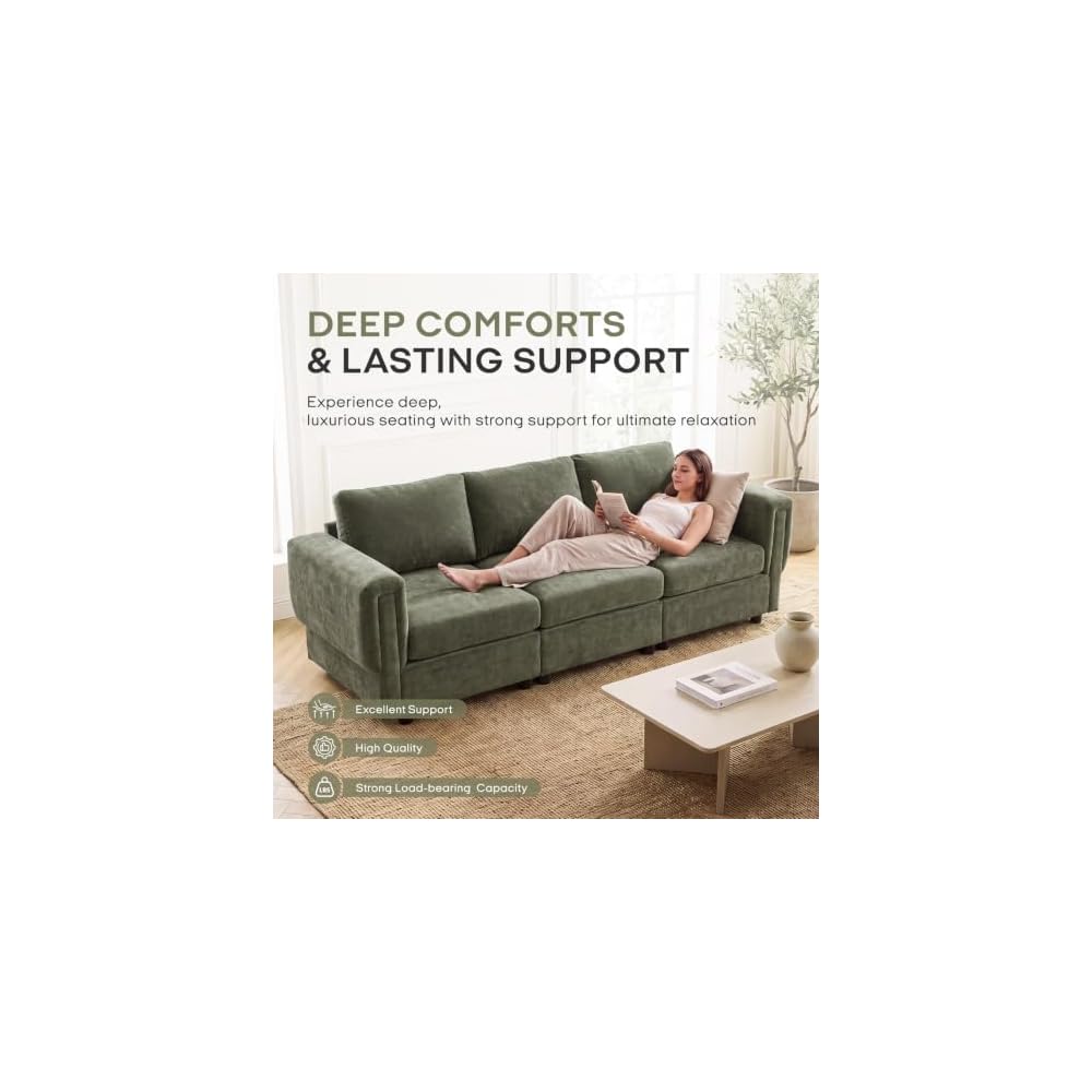 CIMOTA Modern 3 Seater Sofa 87.5" Modular Couch, Upholstered Chenille Fabric Couch Sofa with Armrest for Living Room Apartment, Green
