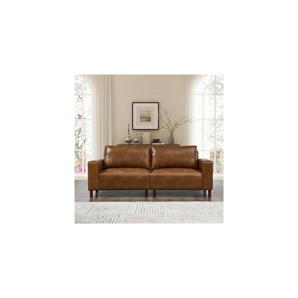 Faux Leather Sectional Couch Set with Solid Wood Legs, Mid-Century Modern Modular 3-seat Sofa & Loveseat, Comfort Upholstered PU Couch Set for Living Room Office, Easy to Assemble, Brown