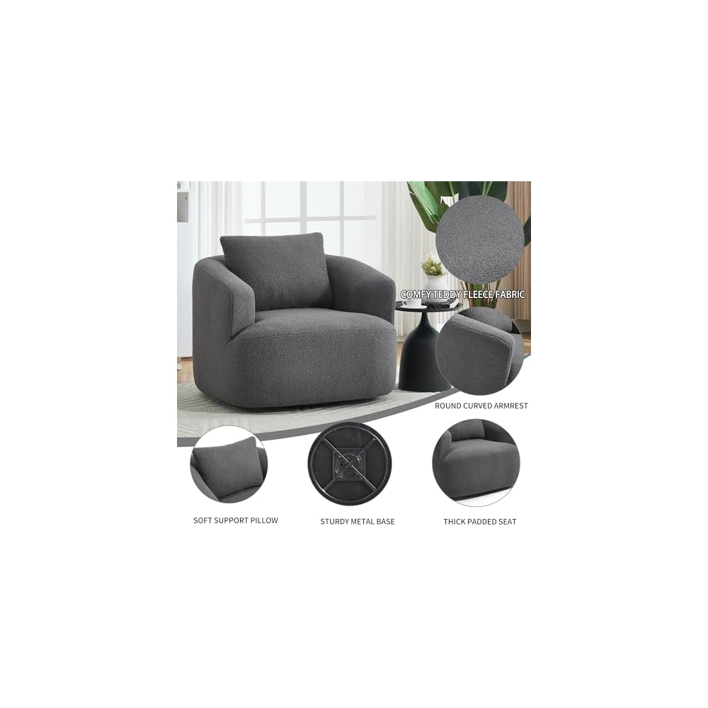 360° Swivel Round Accent Chair with Soft Pillow, Comfy Teddy Fleece Upholstered Barrel Chair, No Assembly Single Sofa for Living Room, Bedroom, Apartment (Antique Dark Grey)