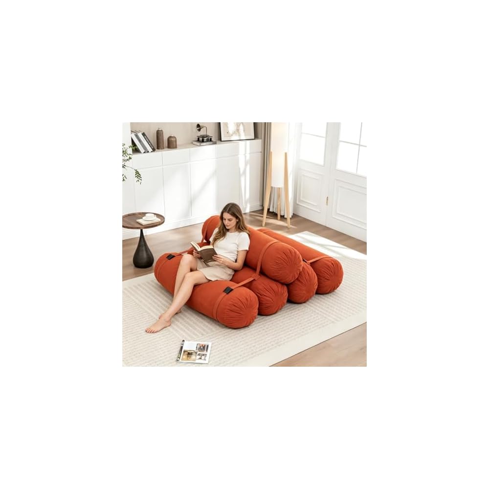 Adjustable Sofa Bed Corduroy Lazy Lounge Chair 5 Cylinder Roll Cushion with Tie Straps Multi-Person Leisure Chair for Living Room, Bedroom, Orange