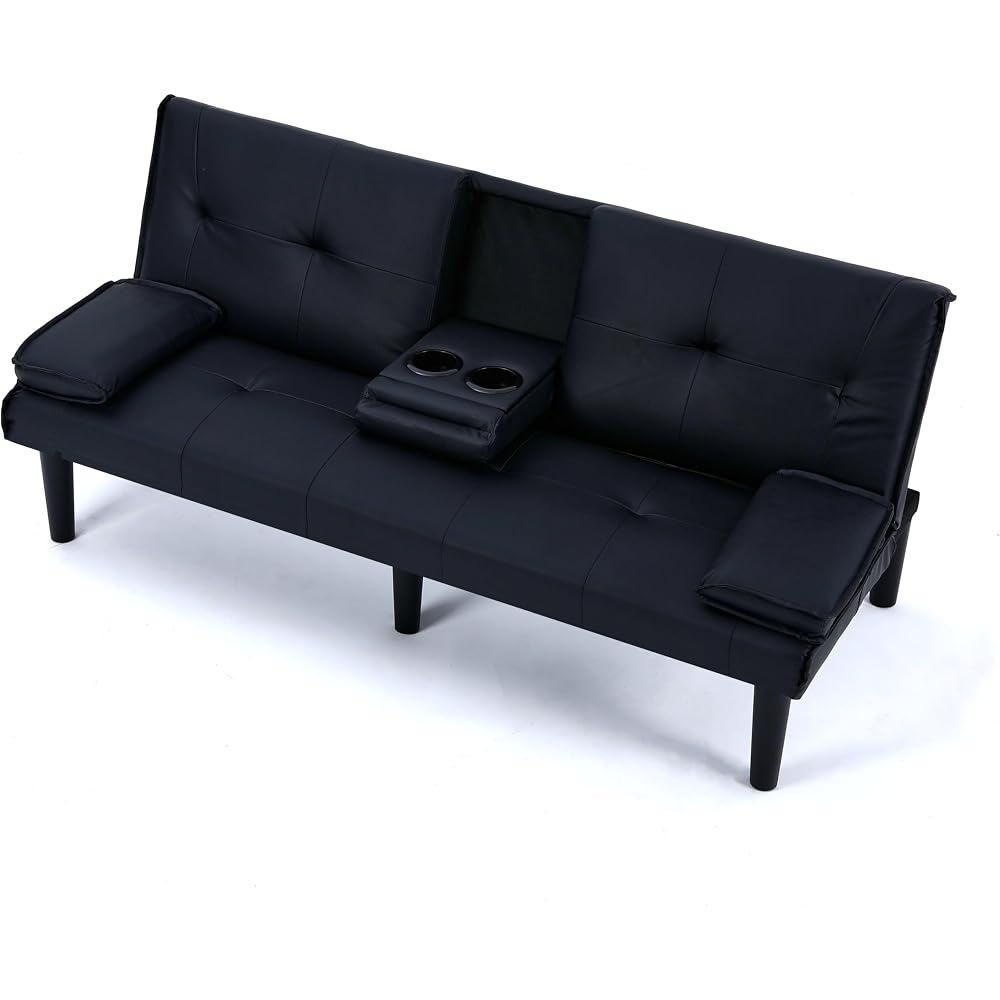 67-inch Black PVC Multi-Functional Sofa Bed with Foldable Design and Cup Holder - Solid Wood Frame, Sponge Filled, Ideal for Living Rooms, Dorms, and Small Offices (Black)
