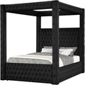 Benzara Beli King Size Canopy Bed, Tufted Design, Black Velvet Upholstery