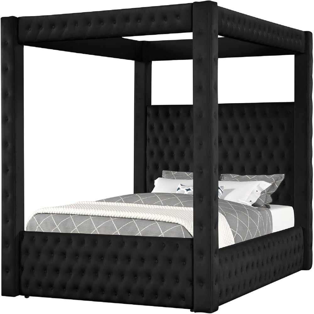 Benzara Beli King Size Canopy Bed, Tufted Design, Black Velvet Upholstery