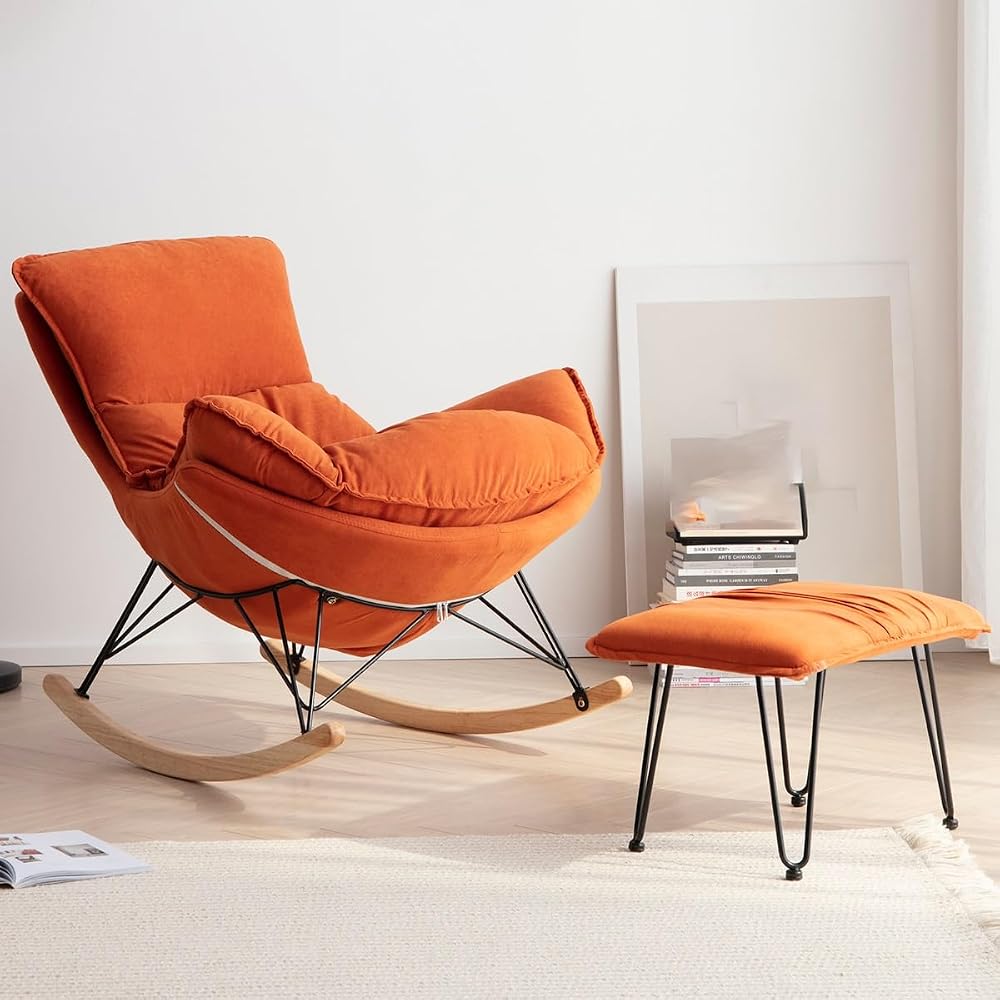 Leisure Sofa Rocking Chair and Footstool, Modern Armless Chair Recliner Chair,Sofa Chair for Bedroom,Balcony, Comfortable  Chair with Seat Cushion (Color : /Orange C, Size : W
