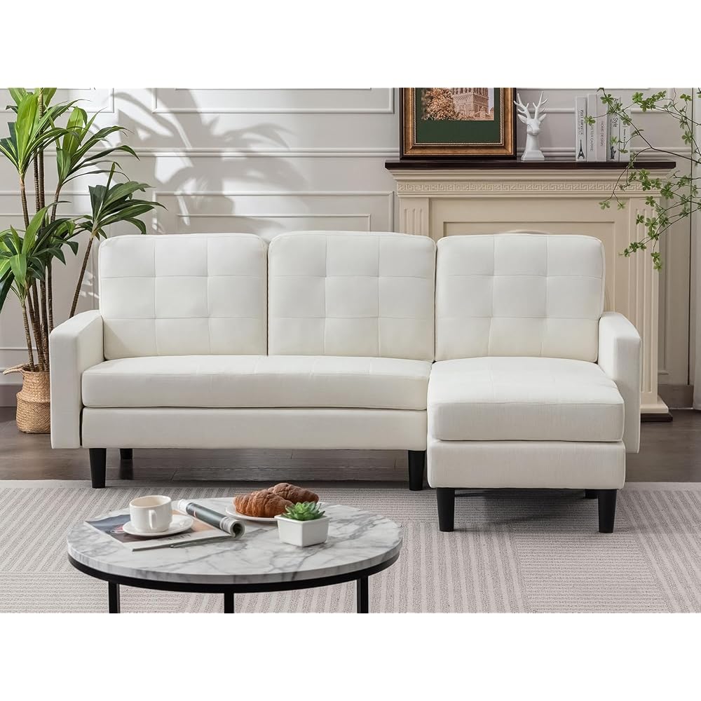 VECELO Convertible Sectional Sofa, Modern Linen Fabric L-Shaped Couch with Reversible Chaise for Living Room/Apartment/Office, White
