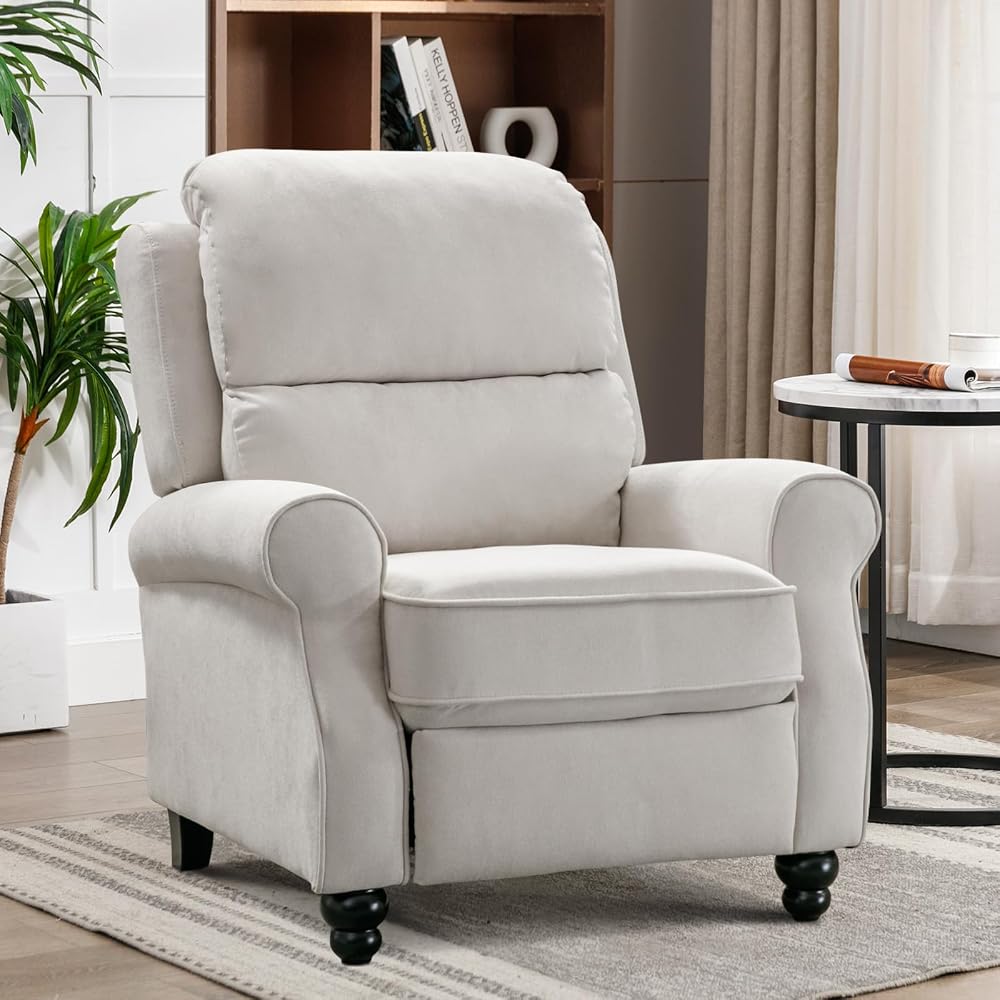 IOMOR Push Back Recliner Chair, Fabric Armchair Overstuffed Pushback Recliner, Heavy Duty Single Sofa Chair with Padded Seat Solid Wood Legs for Living Room (White)