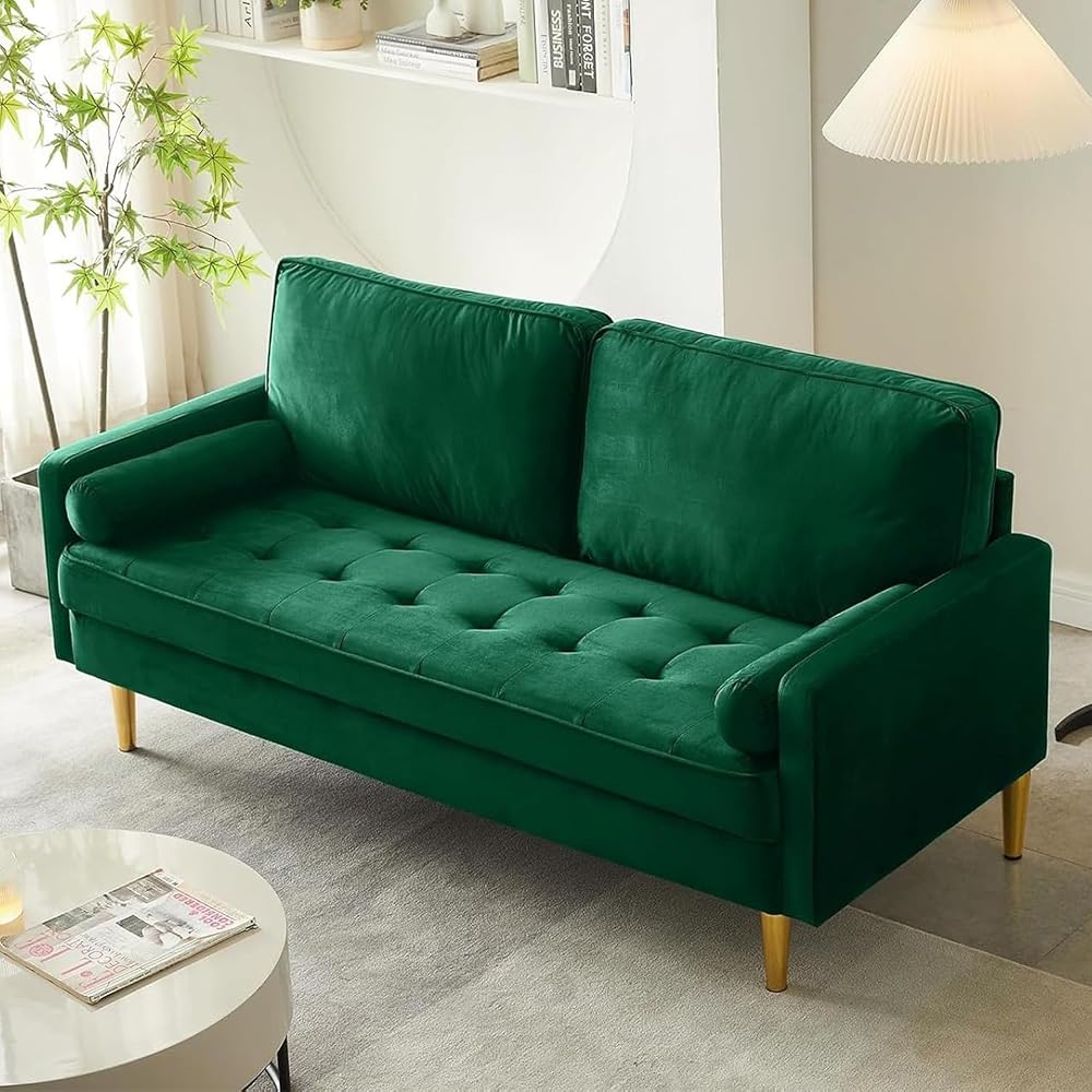 Modern Green Velvet Loveseat Couch,Futon Small Sofa with Metal Legs ,2-Seater Upholstered Mini Couches for Small Space,Living Room Bedroom Office Dorm Studio Apartment Love Seat Couche (Green)