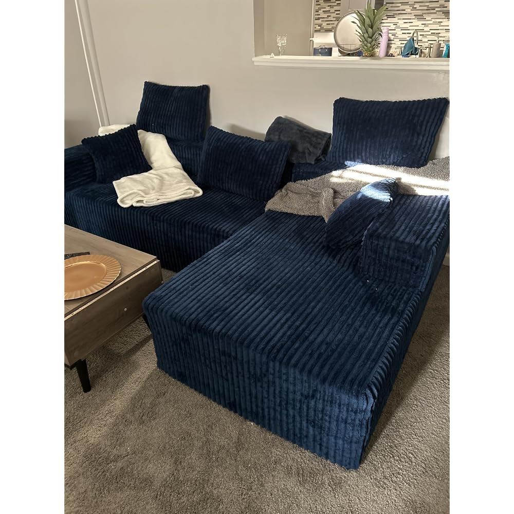 96" Modular Cloud Sectional Couch, Modern Corduroy L Shaped Modular Sofa, Upholstered Boneless Sectional Couches with Deep Seat for Living Room, No Assembly Required (Green, Right Facing Chaise)