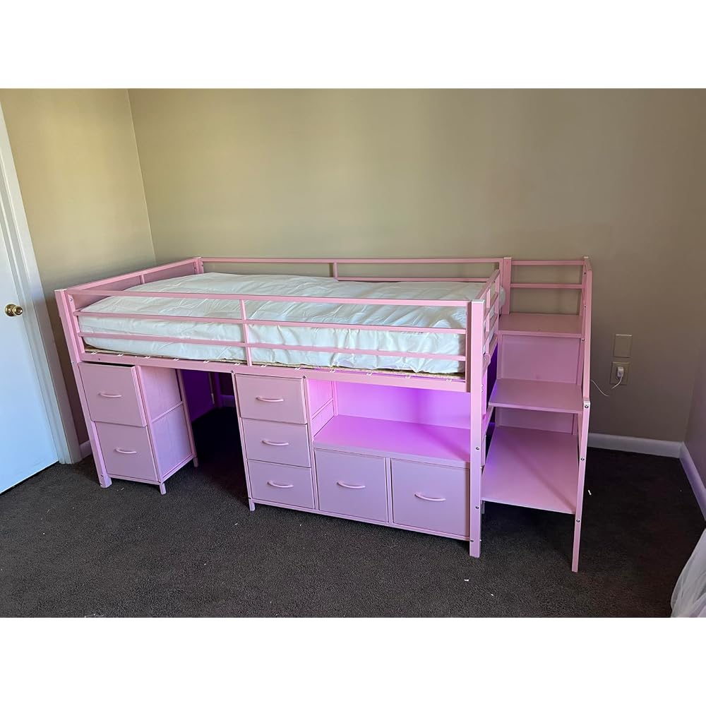 ADORNEVE Kids Low Loft Bed Twin Size with Stairs, 7 Drawers, Bookcase,Black