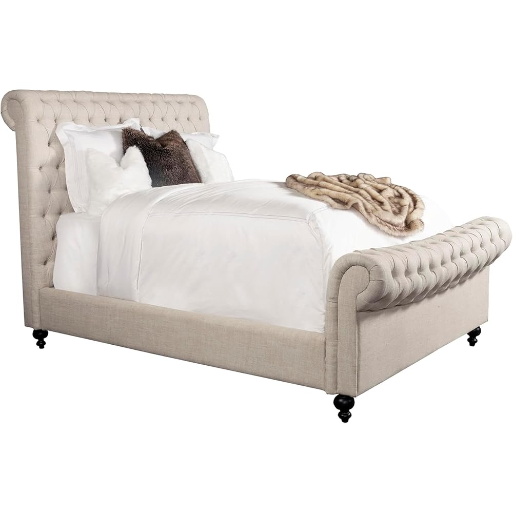 Pemberly Row Traditional Upholstered King Bed, Crepe Beige Finish, Kiln-Dried Hardwood Frame, Button-Tufted Headboard and Footboard, Solid Wood Legs, Chesterfield Sleigh Style, Bedroom Furniture