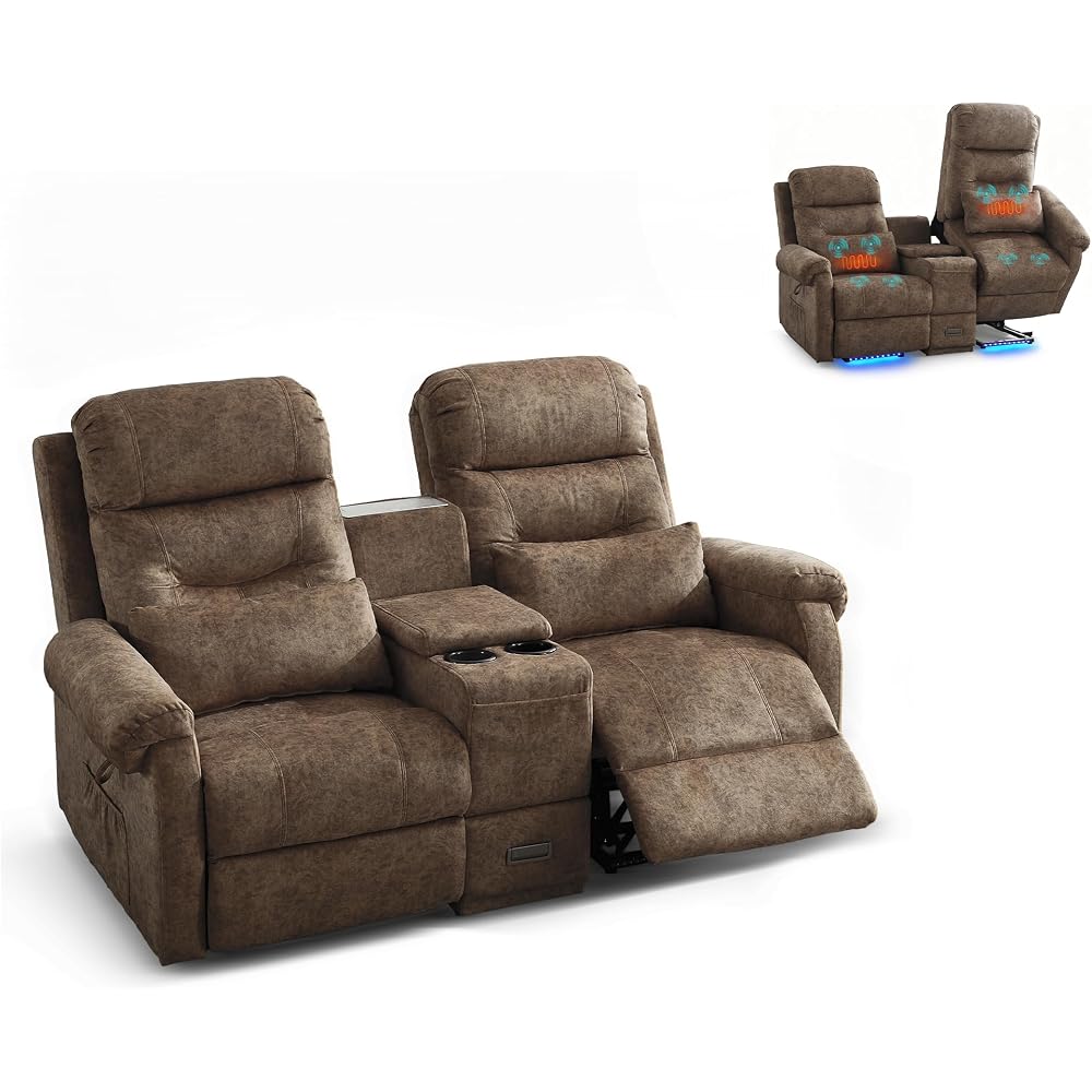 Power Lift Recliner Loveseat Sofa for Elderly, Dual Motor Electric Recliner with Massage & Heat, 2-Seater Velvet Couch with Independent Control, Console, Cup Holder & Power Outlet (Brown, 69”)