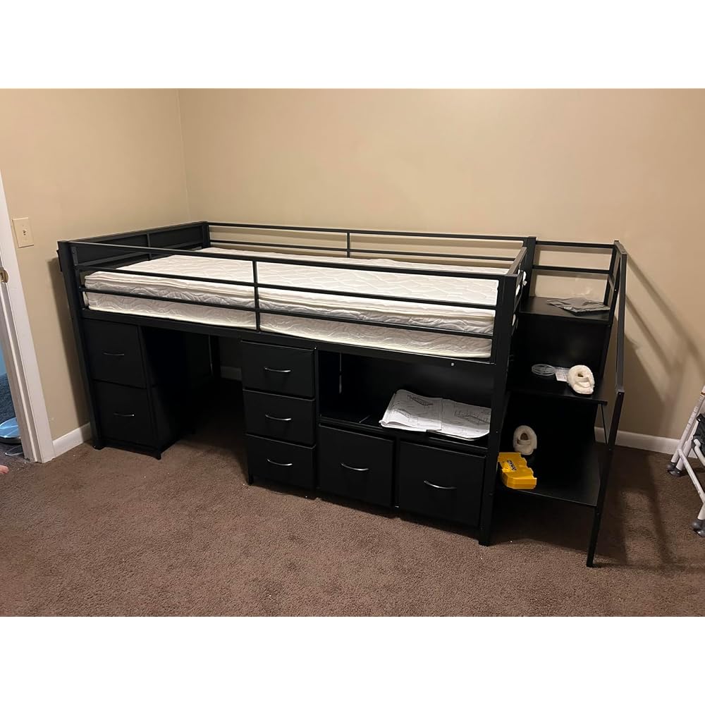 ADORNEVE Kids Low Loft Bed Twin Size with Stairs, 7 Drawers, Bookcase,Black