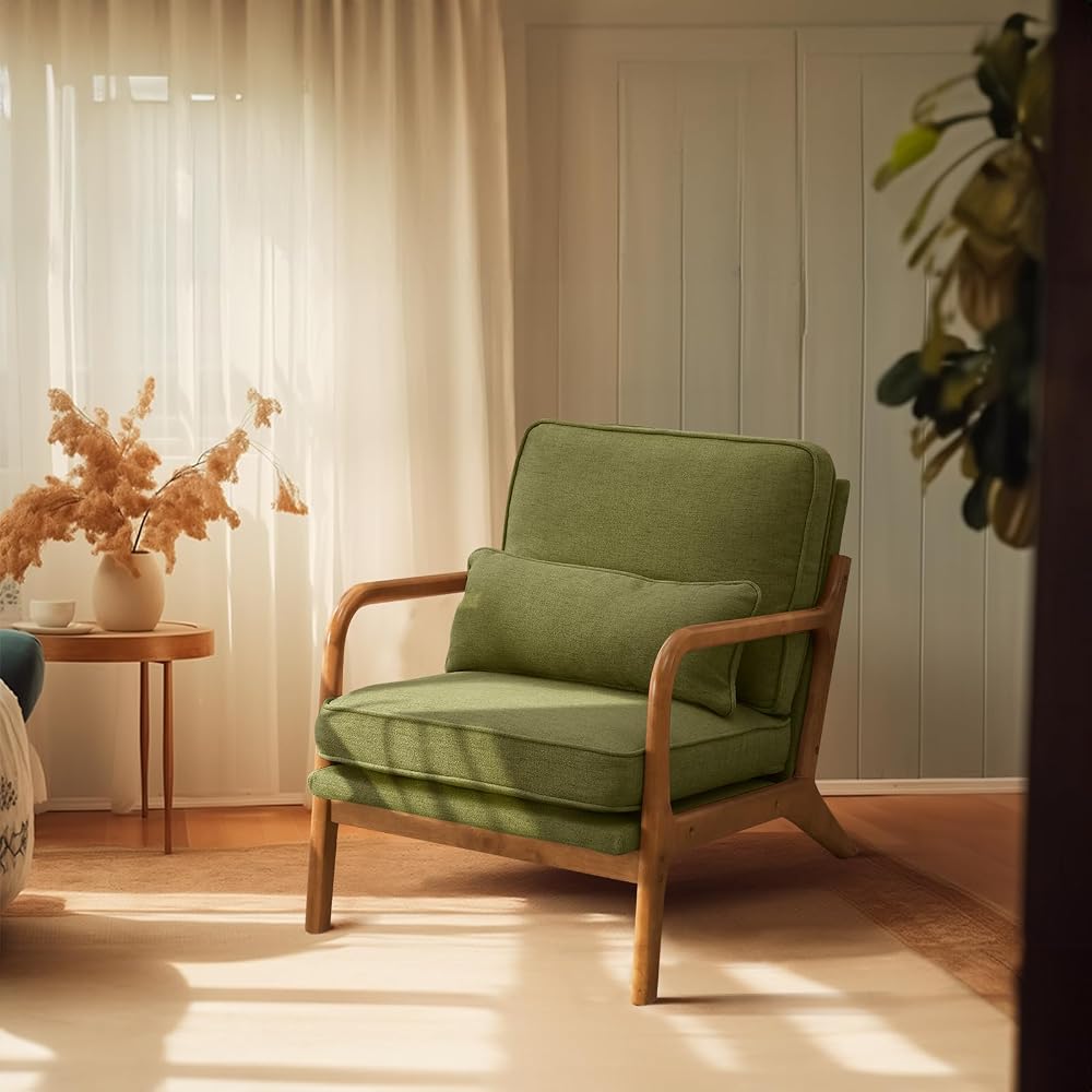Bonnlo Dark Green Linen Mid Century Modern Accent Chair, Soild Wood Padding Lounge Armchairs Side Sitting Chairs for Living Room, Bedroom, Guest Room