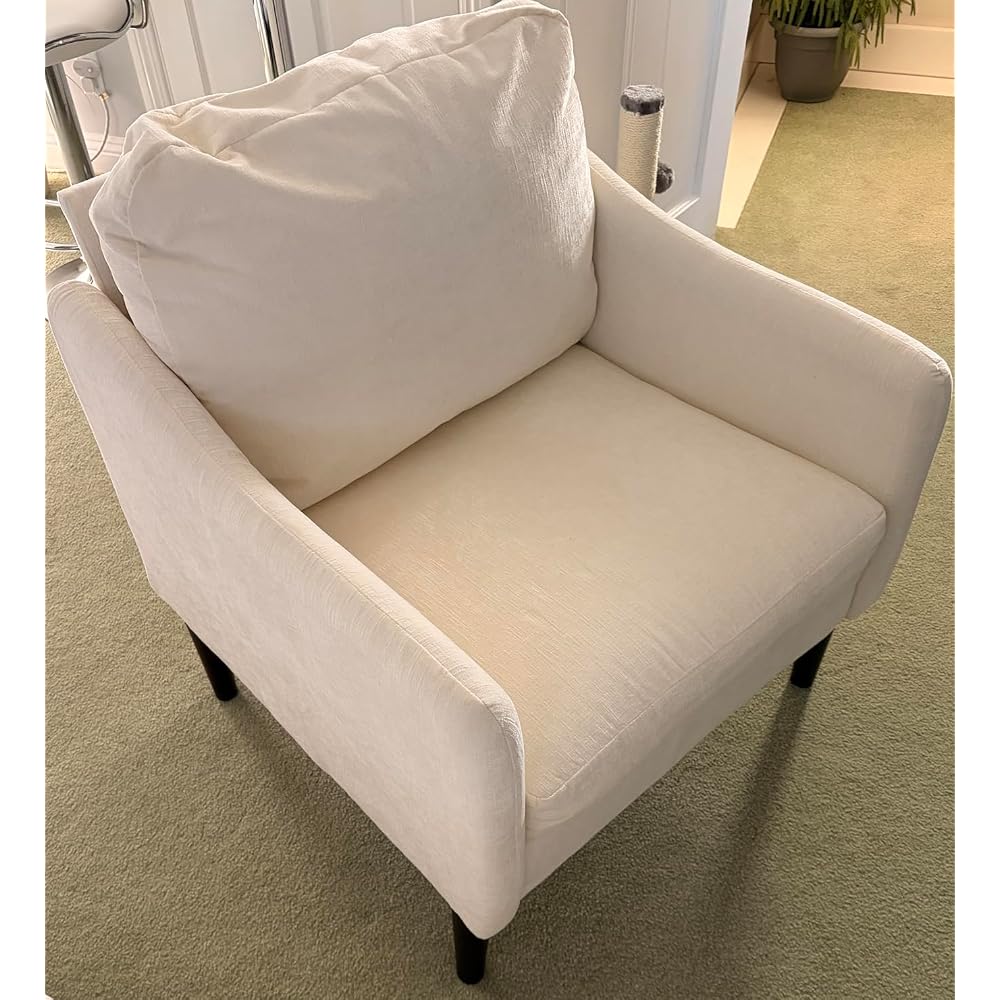Mid-Century Modern Side Chair, Chenille Fabric Curved Armchair for Adults, Comfy Reading Chair, Modern Cloud Single Sofa Accent Chair for Bedroom, Living Room, Office & Waiting Room, Beige