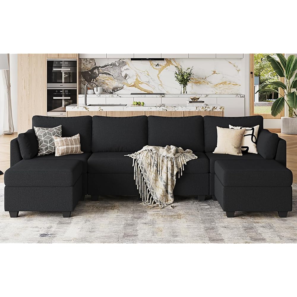 Huatean Home 114.17" Modular Sectional Sofa, 6 Seat Sectional Couches with Storage, Memory Foam, Convertible Modular Couch for Living Room, U Shaped Comfy Modular Sofa with Chaise, Black