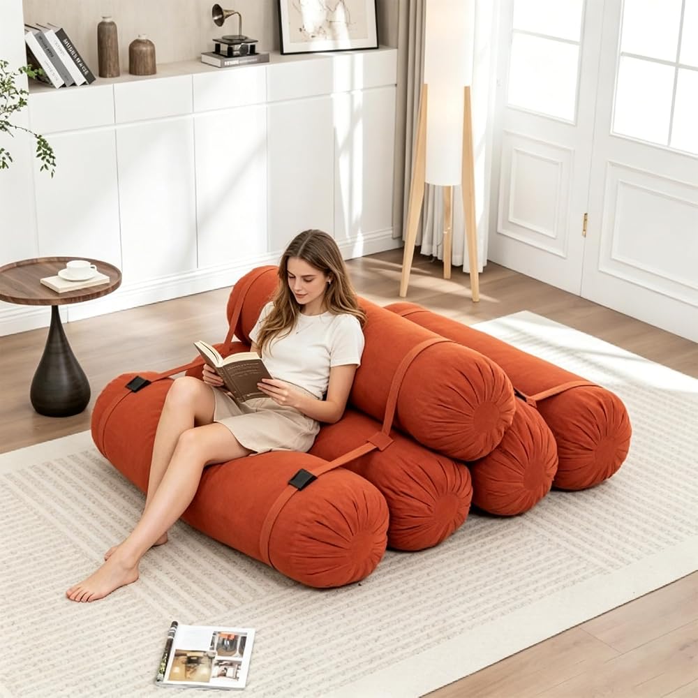 Adjustable Sofa Bed Corduroy Lazy Lounge Chair 5 Cylinder Roll Cushion with Tie Straps Multi-Person Leisure Chair for Living Room, Bedroom, Orange