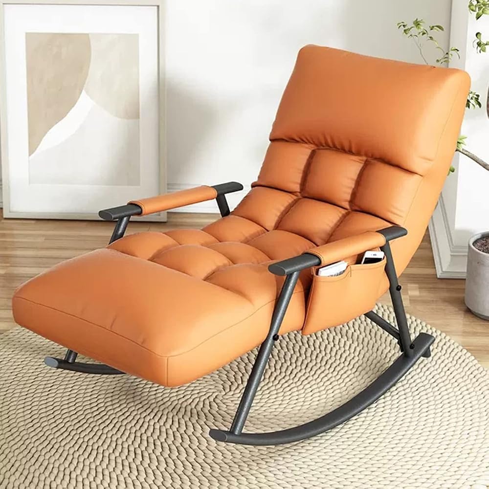 Living Room Reclining Rocking Chair,Modern Armchair,Indoor Relaxing Chair with Side Pocket, Steel Frame Anti-tilt Design,Soft Sleeper Chair (Color : Orange)