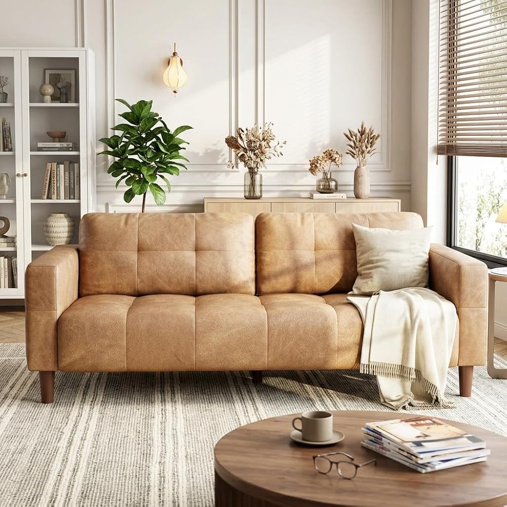 IDEALHOUSE Mid-Century Modern 3-Seater Faux Leather Sofa Couch – Removable Back Cushions – Wide Armrests – Sturdy and Comfortable, Easy to Clean, Ideal for Living Room, Apartment, Office – PU Orange