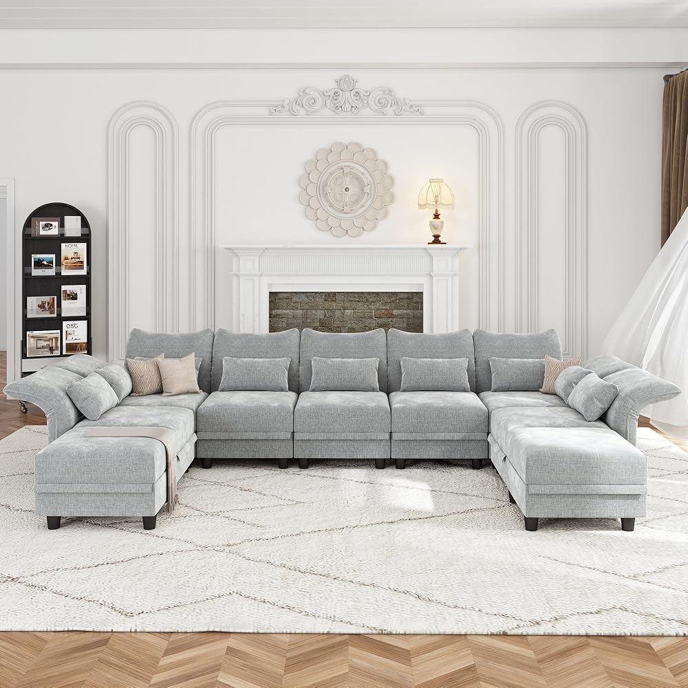LLappuil 154" Oversized Modular Sectional Sofa with Storage 9 Seat U Shaped Sectional Couches for Living Room with Adjustable Arms Backs, Convertible to L Shape/U Shape/Sleeper Sofa, Grey Chenille