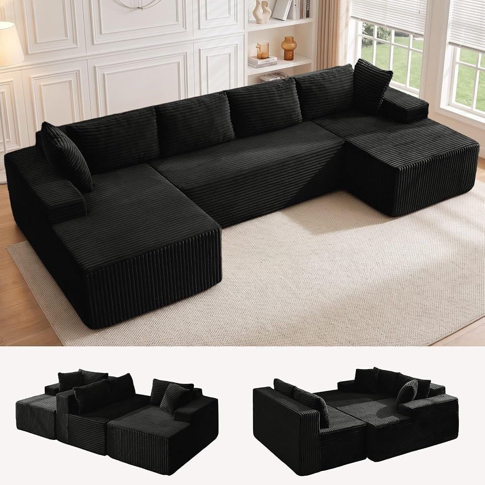 Korser 133" Oversized Modular Sectional Sofa, U-Shaped Boneless Couch with Double Chaise, Comfy Corduroy Cloud Couch Sectional, Deep Seat Sectional Couches for Living Room, No Assembly Required, Black