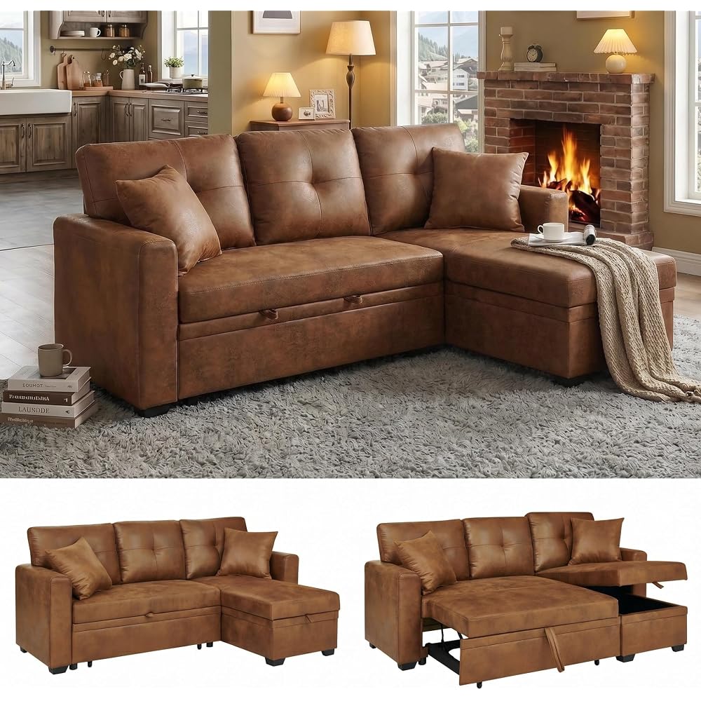 71" Convertible Sectional Sleeper Sofa with Pull Out Bed, Reversible L-Shaped Couch with Storage Chaise, 3 Seater Sofa Bed for Apartment & Small Spaces, Leather-Look Distressed Fabric, Brown