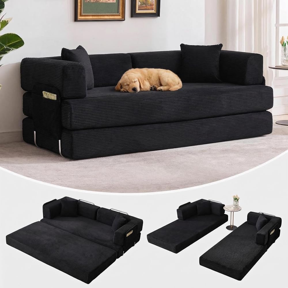 IDEALHOUSE Convertible Sofa Bed 5-in-1, 78.8 Inch Folding Futon Couch with Pull Out Bed, Corduroy Upholstered No-Assembly Loveseat Sleeper for Living Room, Bedroom, Lounge, Black