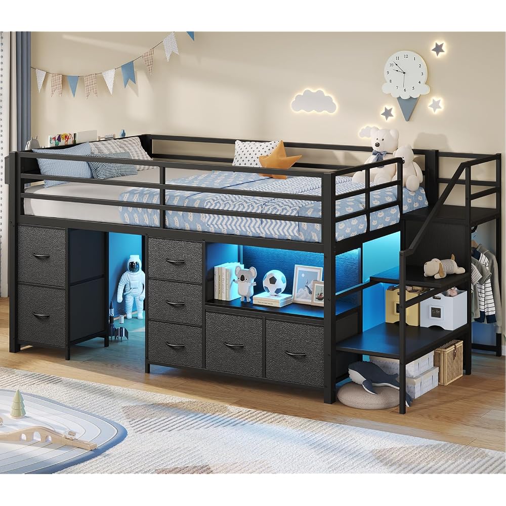 ADORNEVE Kids Low Loft Bed Twin Size with Stairs, 7 Drawers, Bookcase,Black