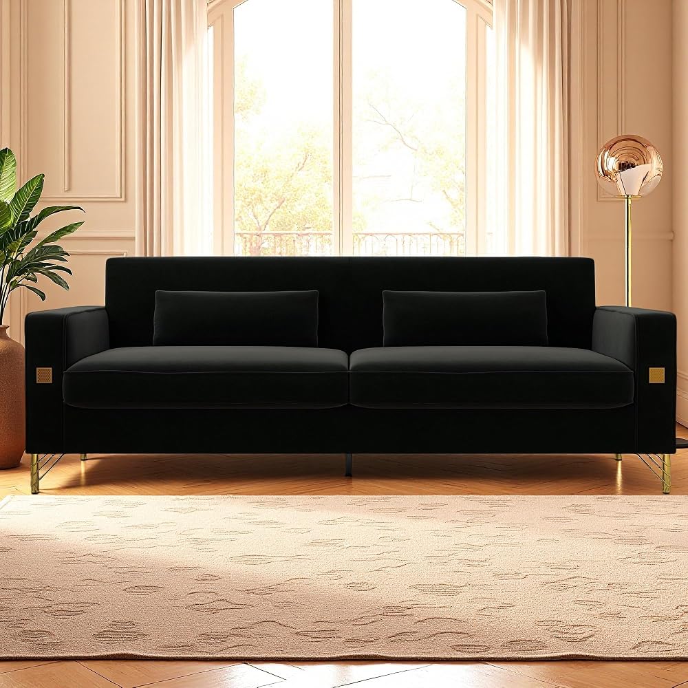 KEIKI 86" Oversized Luxury Velvet Sofa with Armrest and Removable Plush Cushions, Minimalist Gold Accents 3-Seater Couch with Solid Legs, Easy Assembly, for Living Room, Bedroom, Apartment, Black