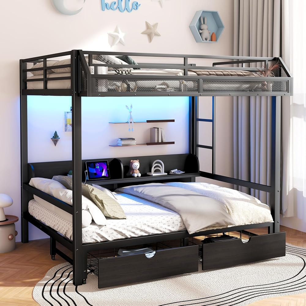 Queen Over Queen Bunk Bed, Heavy-Duty Metal Bunk Bed, Black