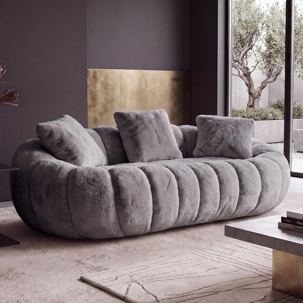 KEIKI 75.5" Oversized Cloud Couch Loveseat, Floral Shaped Faux Fur Sofa with Deep Seat and High Density Foam Filling, Modern Boneless Lounge Sofa No Assembly Required for Bedroom, Studio, Living Room