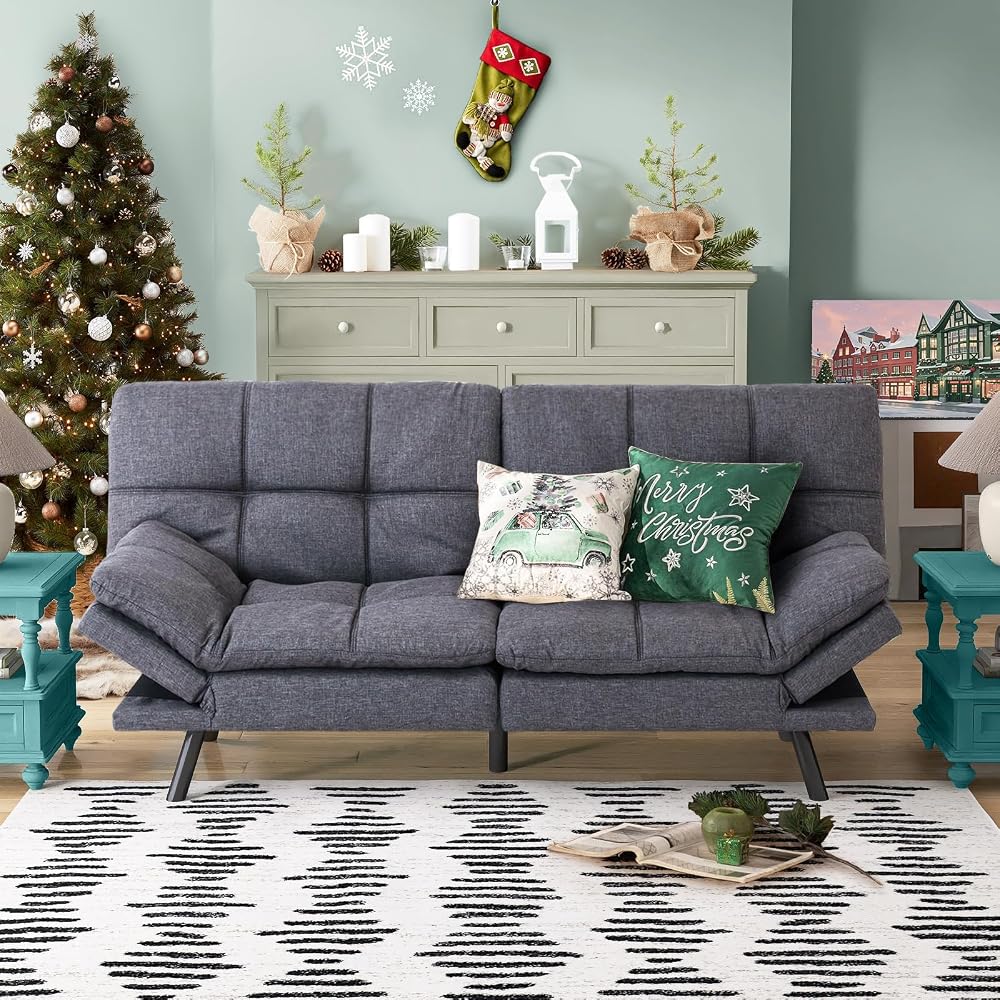 Futon Sofa Bed, Grey Linen Memory Foam Futon Sleeper Sofa Loveseat Convertible Couch Bed for Small Compact Living Spaces,Apartment