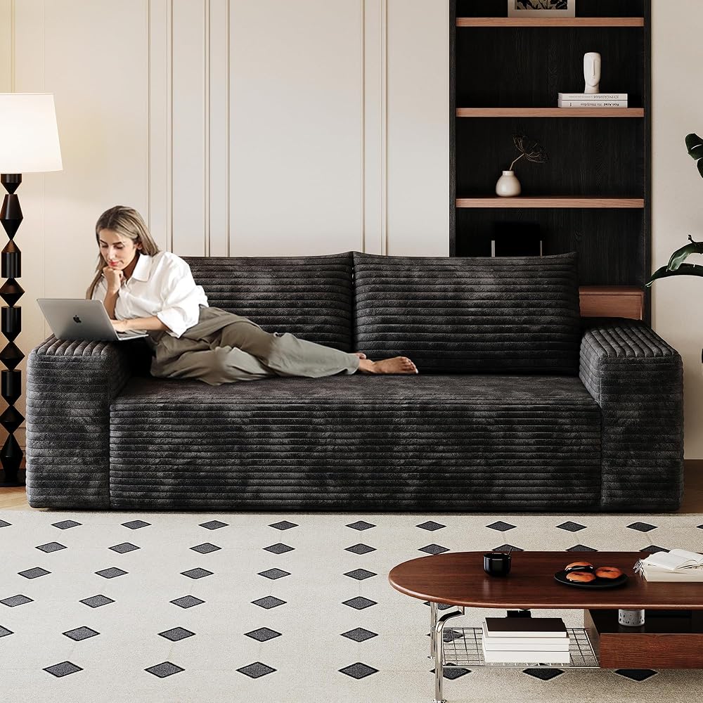 3 Seater Couch for Living Room, 71.3 INCH Fluffy Corduroy Boneless Couch Cloud Loveseat with Wide Armrest, Upholstered Floor Sofa in A Box, No Assembly Required