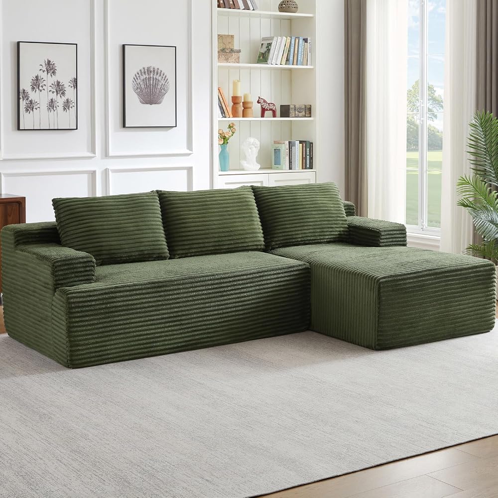 96" Modular Cloud Sectional Couch, Modern Corduroy L Shaped Modular Sofa, Upholstered Boneless Sectional Couches with Deep Seat for Living Room, No Assembly Required (Green, Right Facing Chaise)