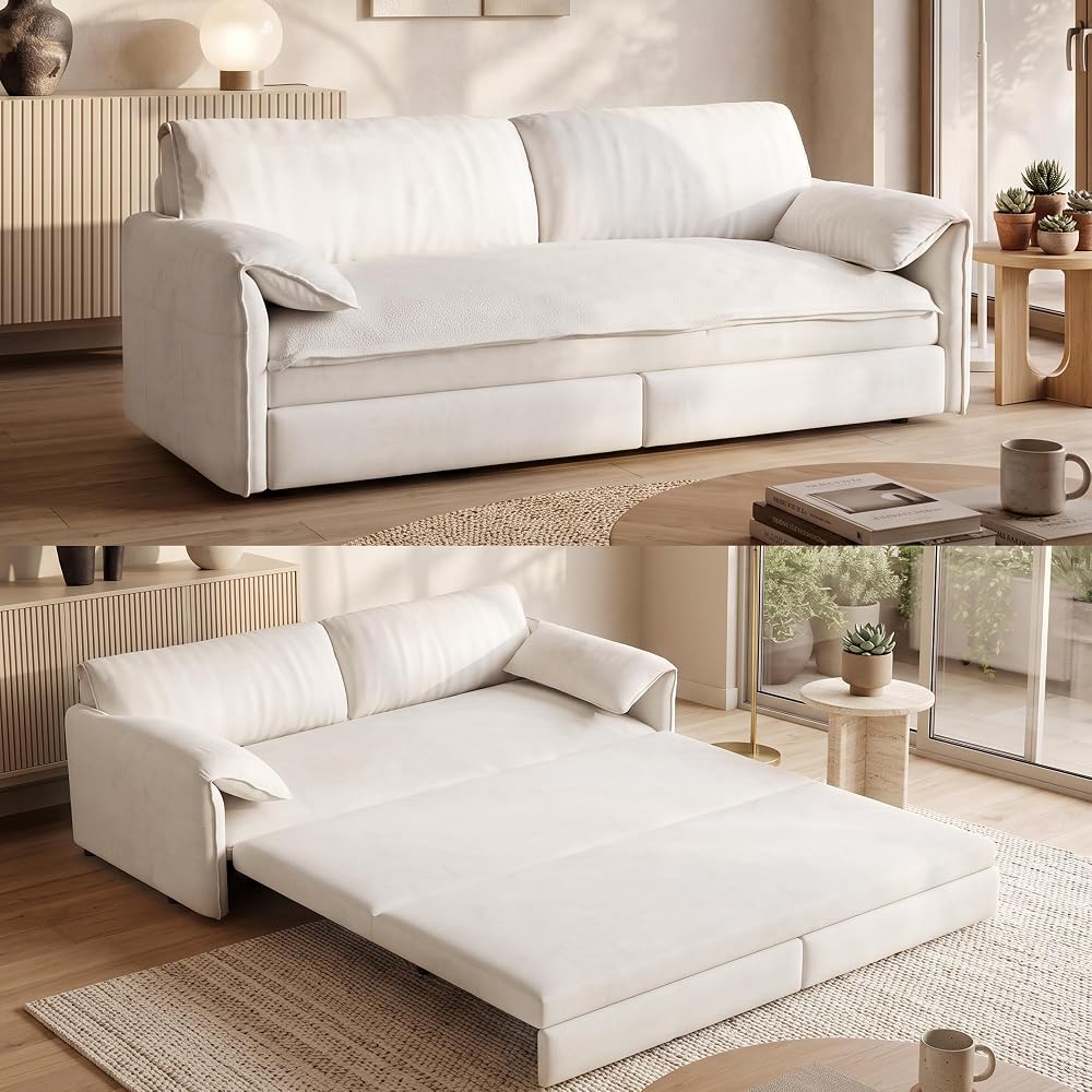 66”Convertible Queen Sofa Bed, 3-in-1 Pull Out Couch, White