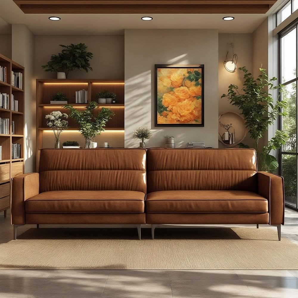 86.61" Brown Mid‑Century 3‑Seater Upholstered Sofa Metal Legs