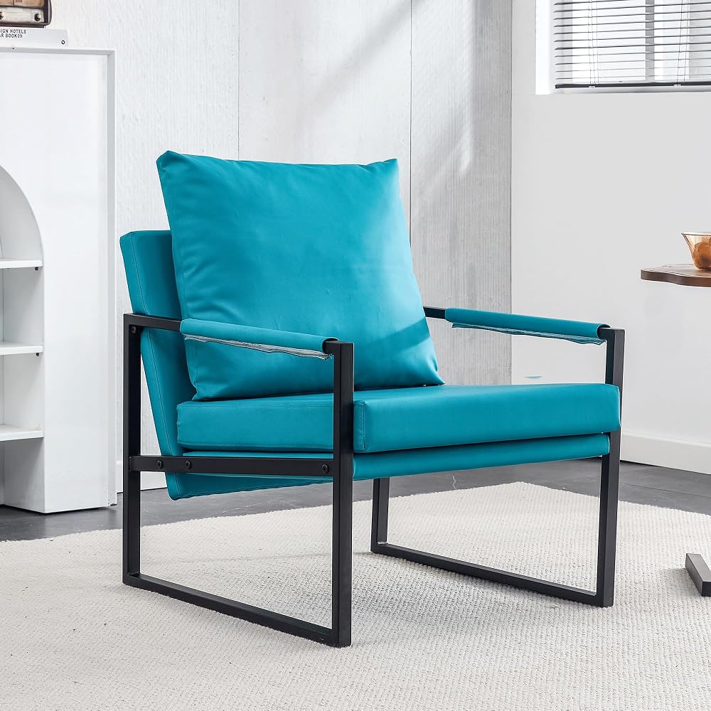 Upholstered Armchair, Modern Accent PU Leather Chair, Living Room Chairs with Golden Metal Legs and Soft Padded, Sofa Chairs for Home Office/Bedroom/Dining Room Cyan