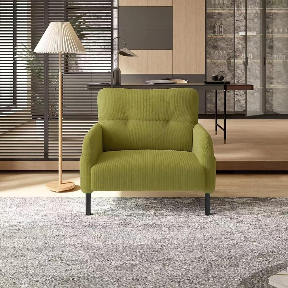 KEIKI 26" Corduroy Single Sofa Chair with Double Side Pockets & High Resilience Cushion, Modern Ergonomic Design Upholstery Oversized 1-Seater Accent Chair, Easy Assembly, for Living Room, Olive Green