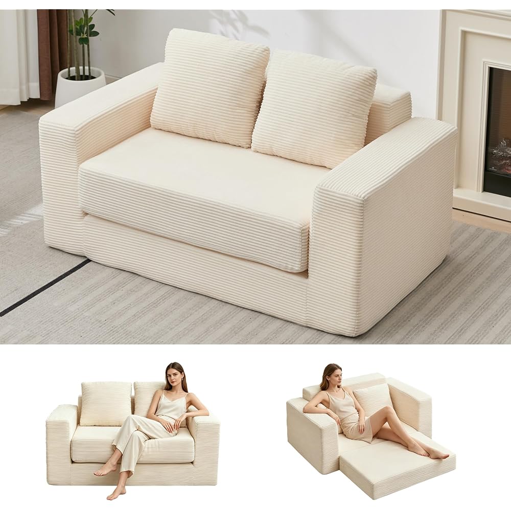 Boneless Couch Loveseat,3-in-1 Convertible Sleeper Sofa Bed Folding Floor Futon Bed with 2 Pillows, Mini Boneless Couch for Small Space Living Room Bedroom (Beige)
