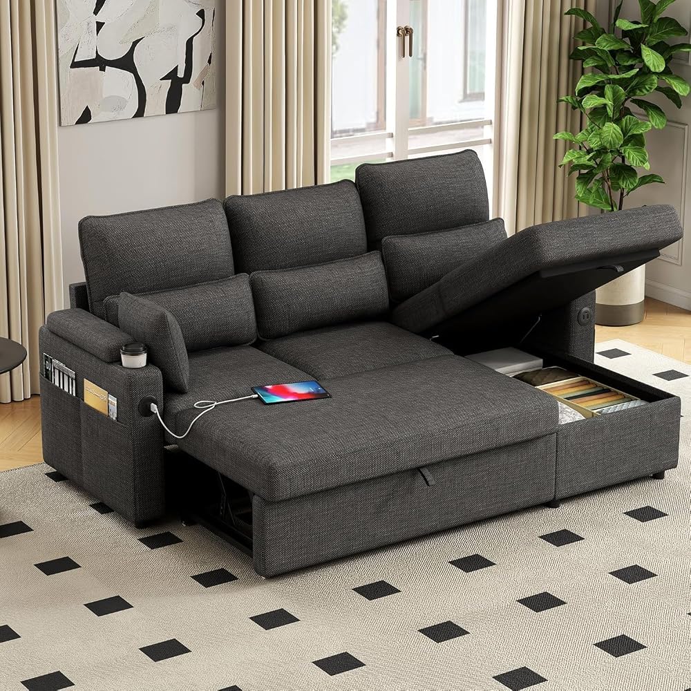 L-Shaped Sectional Sofa with Storage, Reversible Sleeper Sofa Couch with Chaise, Soft Fabric Upholstered Modular Couch with Cup Holder & Side Pockets, 1000lbs Capacity for Living Room (Black, 3-Seat)