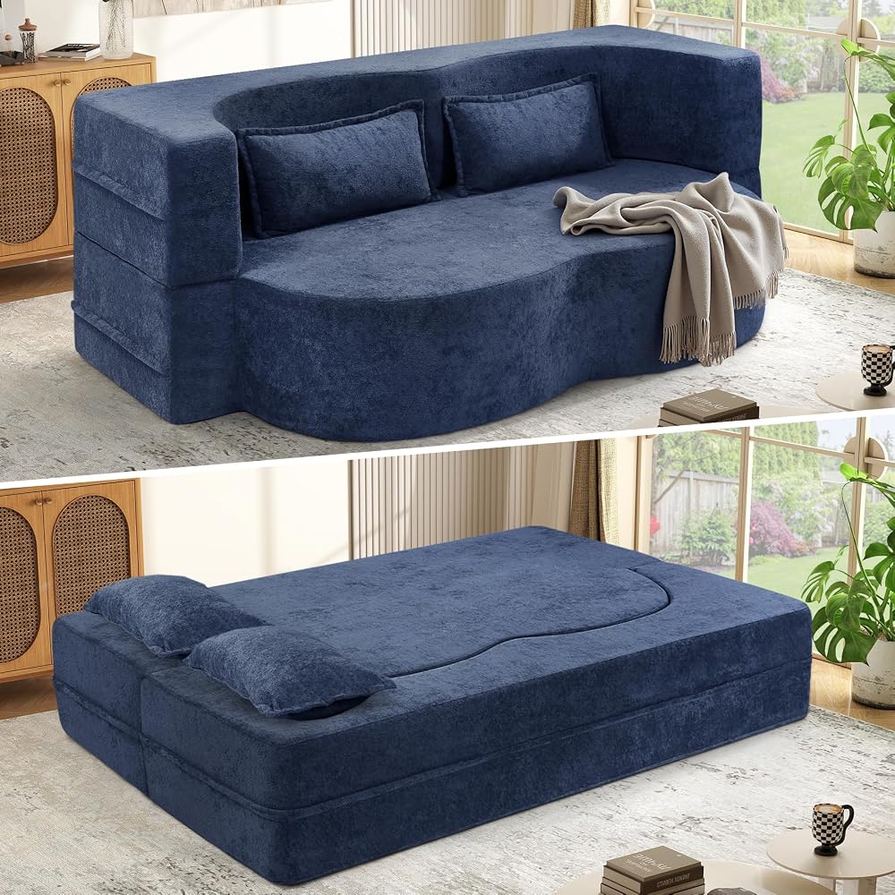 Nebuaegis 78" Convertible Folding Sofa Bed, 2 in 1 Velvet Loveseat Floor Sleeper Sofa, Boneless Memory Foam Mattress Couch for Small Spaces,No Assembly Required,Blue,1 PCS