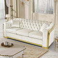 84" Velvet Chesterfield Sofa Luxury Victorian White and Gold Couch, Beige