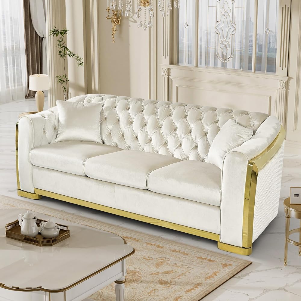 84" Velvet Chesterfield Sofa Luxury Victorian White and Gold Couch, Beige