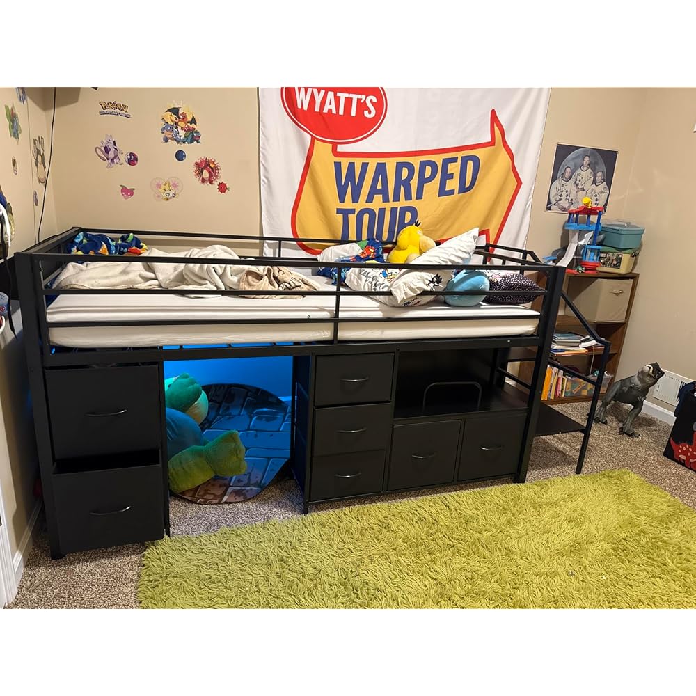 ADORNEVE Kids Low Loft Bed Twin Size with Stairs, 7 Drawers, Bookcase,Black
